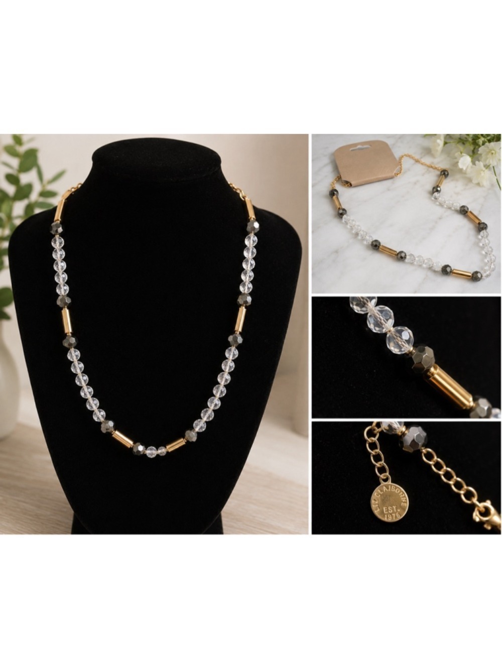 Liz Claiborne Crystal Beaded Necklace Gold Tone Black Clear Faceted Statement Ne